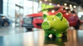 Green piggy bank in a car showroom against the background of cars. Car leasing or loan concept Royalty Free Stock Photo