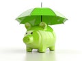 Green piggy bank under an umbrella isolated on a white background. Concept of protecting your money Royalty Free Stock Photo