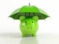 Green piggy bank under an umbrella isolated on a white background. Concept of protecting your money Royalty Free Stock Photo