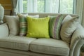 Green pillows on modern sofa