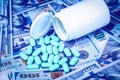 Green pills on the background of one hundred dollar bills. The concept of the expensive cost of healthcare or financing medicine. Royalty Free Stock Photo