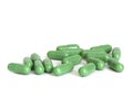 Green pills. Capsule pile isolated, drugs set, pill collection, medicine capsules group on a white background Royalty Free Stock Photo