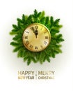 Green Pine Branches, Blur Decorative Christmas Tree Branch With Golden Clock. Vector Illustration. Great For Christmas