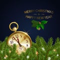 Green Pine Branches, Blur Decorative Christmas Tree Branch With Golden Clock. Vector Illustration. Great For Christmas
