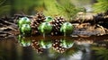 Green Pine Cones Reflected In Water: A Xmaspunk Juxtaposition Of Objects Royalty Free Stock Photo