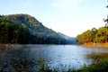 Green pine forest with camping of tourist near the lake with fog over the water in the morning, Pang oung Maehongson province nort