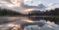 Green pine forest, morning cloud sky and mountain reflect on st Royalty Free Stock Photo