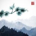 Green pine tree branch and blue mountains with forest trees in fog. Traditional oriental ink painting sumi-e, u-sin, go Royalty Free Stock Photo