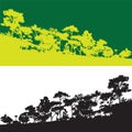 Green pine tree vector banner, wild jungle mountain outline