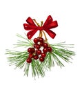 Green pine twigs with red berries and silk ribbon bow Royalty Free Stock Photo