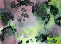 Green and pink alcoholic ink abstract monochrome background, splashes and stains, painting hand drawing