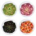 Green, pink, black, yellow tangled spaghetti. Top view portion.