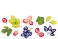 Green pink and blue grapes with leaves isolated on the white background with copy space for your text. Top view. Flat Royalty Free Stock Photo