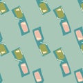 Green and pink colored 3D glasses seamless doodle pattern. Light blue background. Cinema style backdrop Royalty Free Stock Photo