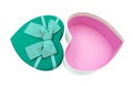 Green and pink heart shape gift open box. A present give for love isolated on whited background with clipping path. beauty bow dec