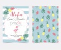 Green pink invitation card with palm, pineapple,hibiscus,flamingo,banana leaf and flower in summer