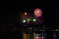 green pink light pink fireworks on beach and reflection color on water surface