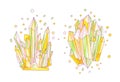 Green, pink and orange crystal, cartoon cute vector Quartz illustration. Quartz Crystal druse, pink princess grain on