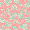 Green and pink ornate seahorse, starfish and seashell seamless pattern background with stamp texture overlay