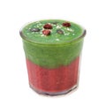 Green pink smoothie in glassed with rapberry, pumpkin seeds and sesame on white