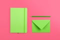 Green and pink stationery flat lay