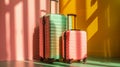A green and a pink suitcase stand against a yellow and pink wall Royalty Free Stock Photo