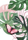 Green and pink tropical leaves patterned background with butterfly doodle Royalty Free Stock Photo