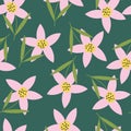 Green with pink whimsical flowers seamless pattern background design.