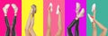 Close-up slim female legs in different shoes isolated on colorful background Royalty Free Stock Photo