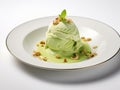 Green pistachio ice cream with nuts in white ceramic plate Royalty Free Stock Photo