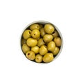 Green pitted olives in a bowl isolated over white. Top view, from above Royalty Free Stock Photo