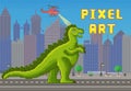 Green pixel dragon with fire. Helicopters battling with dinosaur. Pixel-game hero destroys houses