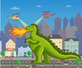 Green pixel dragon with fire. Helicopters battling with dinosaur. Pixel-game hero destroys houses