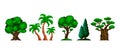 Green pixel trees. A large oak tree with a tropical palm tree and a tall pine tree. Savanna baobab with cedar. Retro 8 Royalty Free Stock Photo