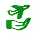 Green Plane in hand icon isolated on transparent background. Flying airplane. Airliner insurance. Security, safety