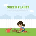 Green Planet Banner Template with Cute Girl Volunteer Planting Tree in Garden Vector Illustration