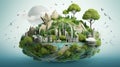 Green planet with buildings, trees, roads and pollution