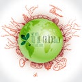 Green planet with danger ecology doodles. Sketched eco elements with earth and