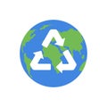 Green planet Earth and a recycling sign on a white background. Environmental concept. Vector illustration