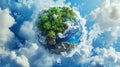 Green planet with lush forests and rugged mountains, clouds in clear blue sky. Conceptual image of Earth Day