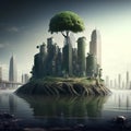 Green planet with skyscrapers and green tree on the island. Generative AI