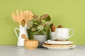 Green plant and different kitchenware on table. Modern interior design