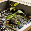 Plant emerges from a computer motherboard intertwining with the Royalty Free Stock Photo