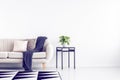 Plant in grey pot on black industrial table next to beige couch with pillows and blanket