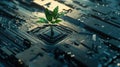 Green plant growing from computer circuit board representing technology and nature integration in a modern digital environment