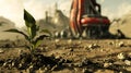 Green plant growing out of the ground with a red excavator in the background Royalty Free Stock Photo