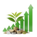 Green plant and growing stack of coins with upward arrow graph symbol transparent background Royalty Free Stock Photo