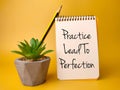 Green plant and notebook with the word Practice Lead To Perfection Royalty Free Stock Photo