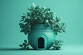 Green plant in pot shaped like house. Generative AI