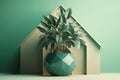 Green plant in pot shaped like house. Generative AI